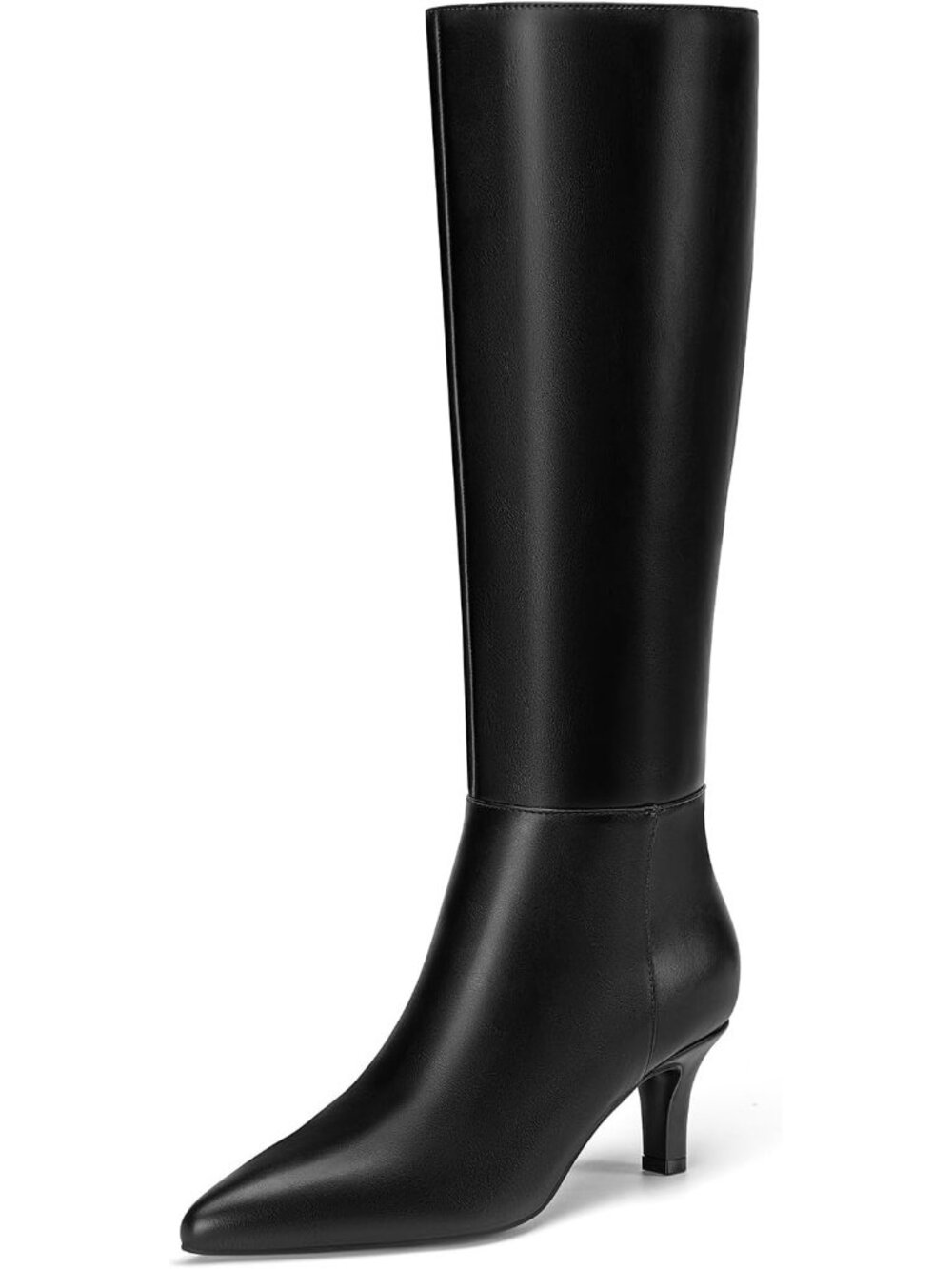 Women's Black Faux Leather Side Zipper 2.36 Inch Heel Pointed Toe Knee High Boot